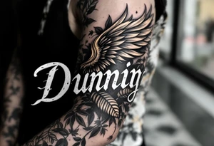 Dunning, Details include name in white color,angel wing, rain drop jungles leaves,cool font, gold highlights tattoo idea