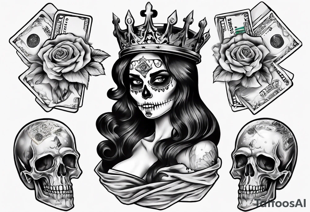 santa la muerta with money and crown
on the card tattoo idea
