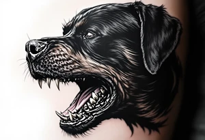 Black and Grey Rottweiler Snarl – A dramatic side profile of a Rottweiler mid-growl, in smooth black and grey realism. Emphasize the muscles, teeth, and intense expression. tattoo idea