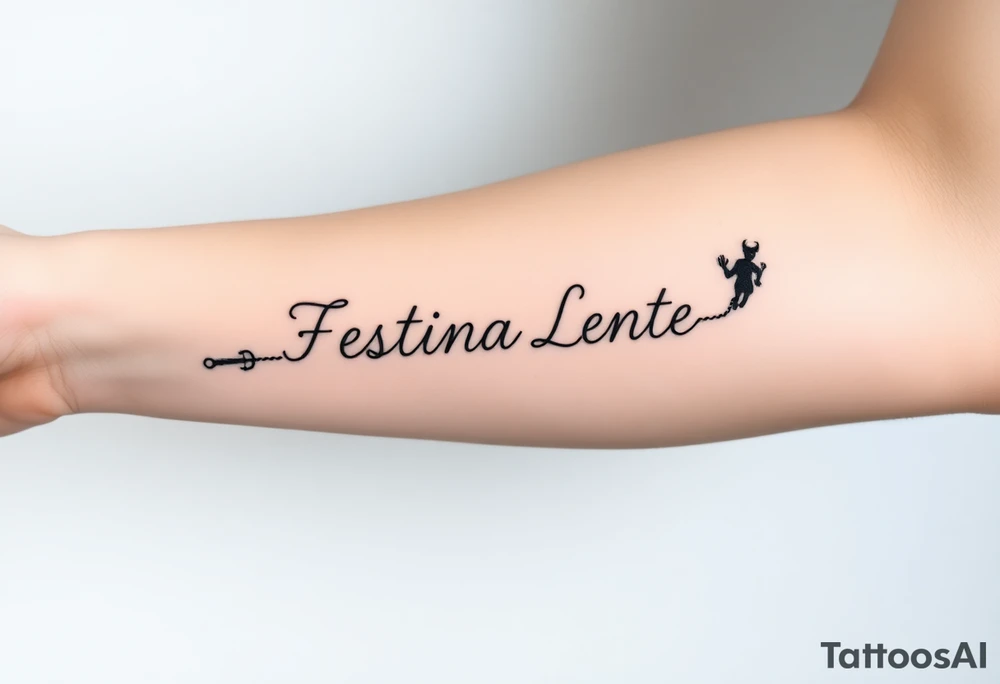 A small, minimal conceptual tattoo for the inner arm.
The phrase “Festina Lente” is not written traditionally; instead, the entire text is formed subtly from a single thin rope.
At the lower end of the rope, a small anchor is attached and appears embedded into the skin, symbolizing patience and stability.
At the opposite end, the rope is being pulled by a very small, minimal, symbolic devil silhouette representing haste.
The rope naturally twists and curves to form the letters of “Festina Lente”, so that at first glance it looks like an abstract rope composition, but upon closer inspection the text becomes readable.
Highly refined, modern calligraphic flow created by the rope itself, elegant and understated.
Black ink only, ultra-fine line work, minimal shading, strong use of negative space, contemporary 2026 tattoo style.
No traditional tattoo elements, no bold outlines, no old-school style, no decorative ornaments.
Clean, intelligent, subtle storytelling tattoo suitable for a small inner-arm placement. tattoo idea