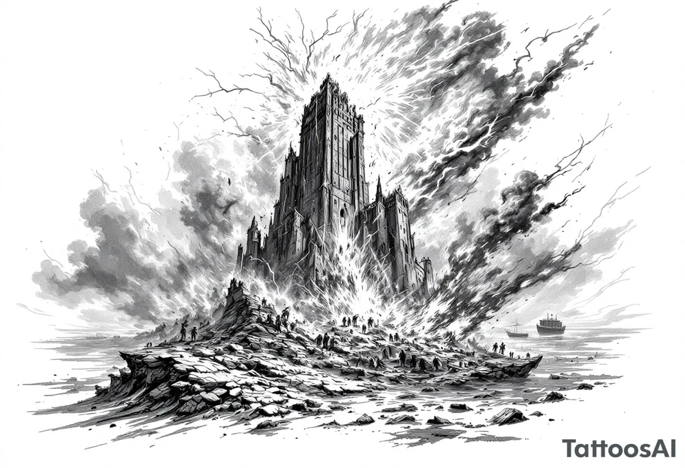 this will be a right arm sleeve.

A crumbling tower struck by lightning, with people scattering in chaos.
Fire raining down from heaven on a burning city, with smoke rising.
A blazing altar with fire falling from heaven
 Floodwaters overtaking the earth, with an ark in the distance. tattoo idea