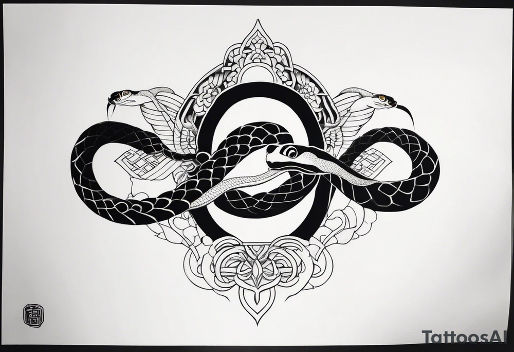 Double head snake tattoo for placement along the spine in japanese style to symbolise a journey of healing and transformation with reference to being a twin tattoo idea