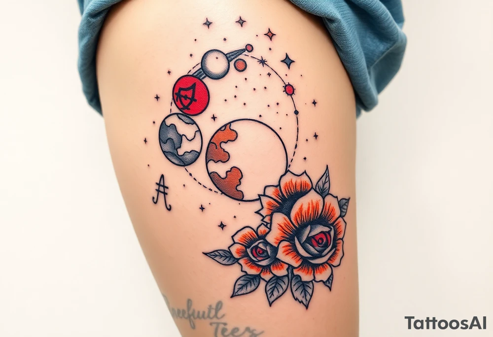 Milky way galaxy with planets with zodiac symbols and protection runes in it with red roses and sunflowers tattoo idea