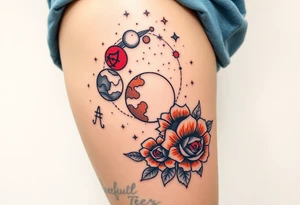 Milky way galaxy with planets with zodiac symbols and protection runes in it with red roses and sunflowers tattoo idea