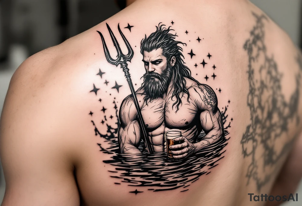 young, fit poseidon in calm water, behind a trident, holding a beer tattoo idea