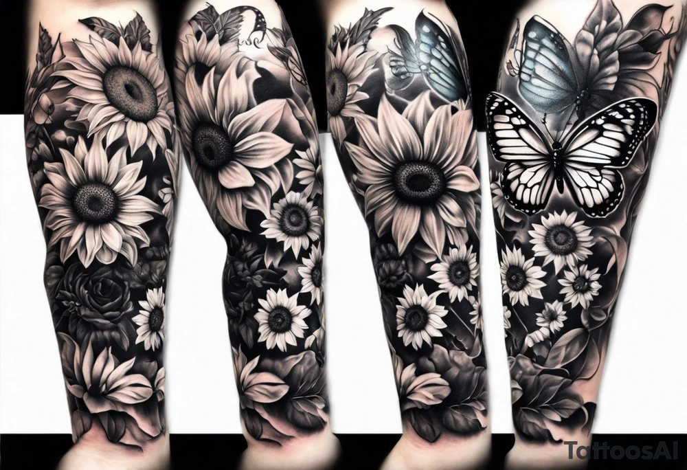 Arm sleeve with sunflowers and butterflies tattoo idea