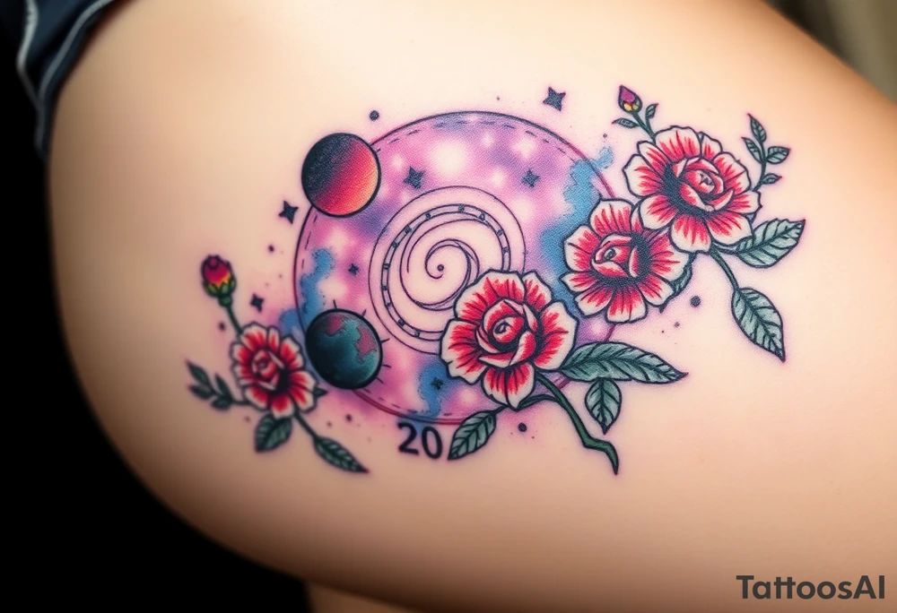 Milky way galaxy .. planets with zodiac symbols and protection runes with red roses and sunflowers tattoo idea