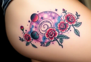 Milky way galaxy .. planets with zodiac symbols and protection runes with red roses and sunflowers tattoo idea