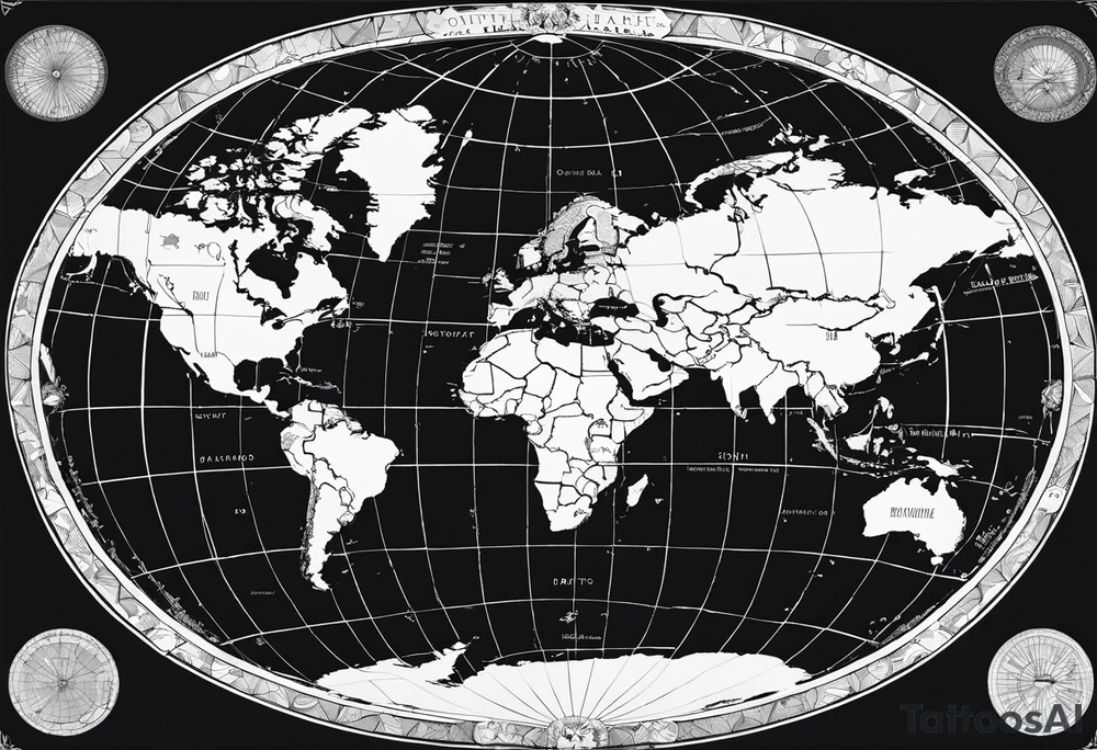 the earth on a flat map with no shading placed on a grid with only the lines with accurate depictions of the borders in countries while having it in an oval/circular position on a grid without any borders on the sides while having the countries not have such bold borders tattoo idea
