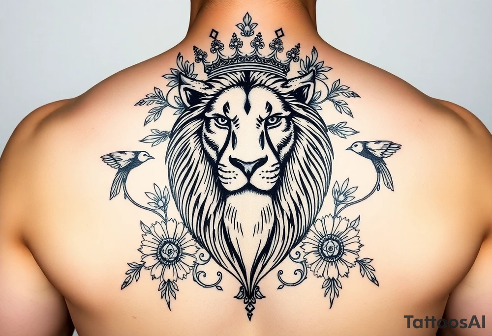 powerful majestic lion with a crown, surrounded by floral ornaments and birds tattoo idea