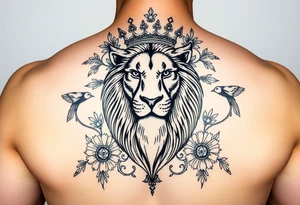 powerful majestic lion with a crown, surrounded by floral ornaments and birds tattoo idea