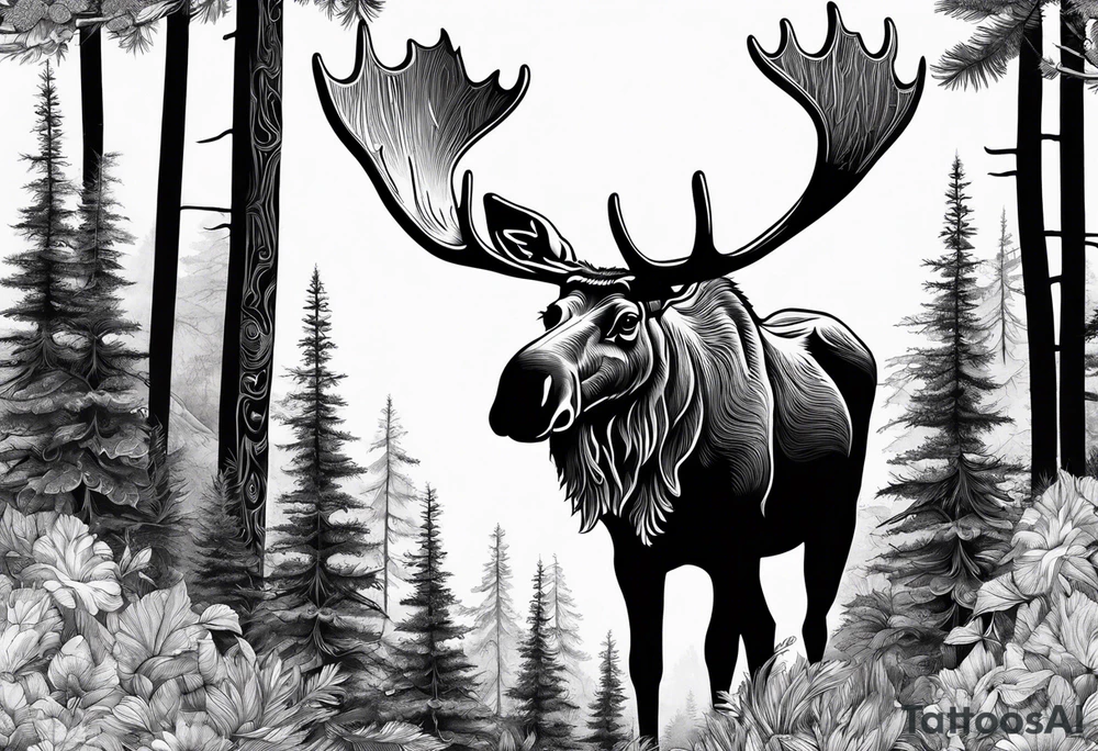 a psychedelic moose in the forest tattoo idea