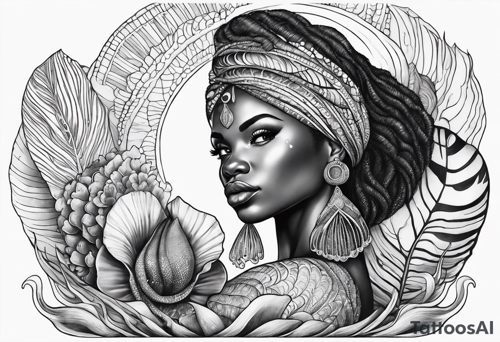 african mermaid in clam shell tattoo idea