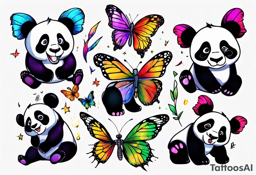 fun panda with colors chasing butterfly tattoo idea