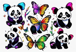 fun panda with colors chasing butterfly tattoo idea