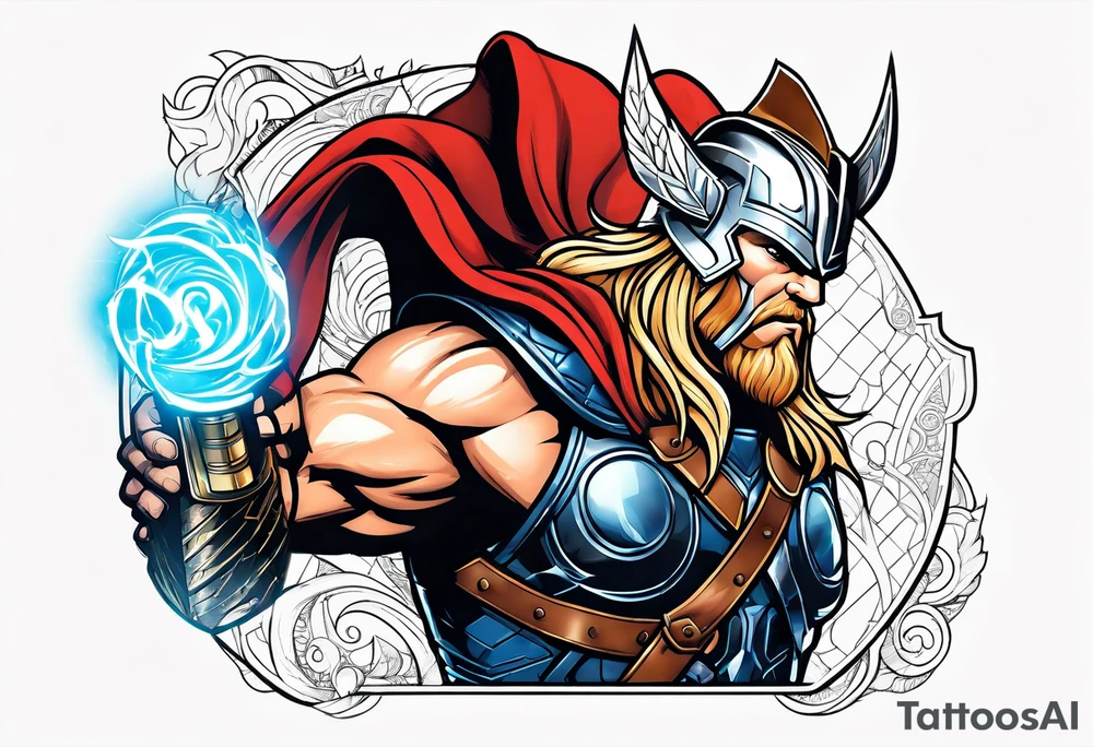 The Mighty Thor not so muscular profile with Mjolnir with the entire design shown tattoo idea