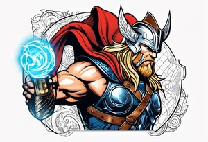 The Mighty Thor not so muscular profile with Mjolnir with the entire design shown tattoo idea
