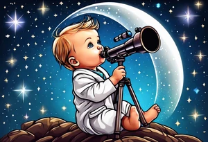 Small baby in a lab coat looking up at the stars through a telescope tattoo idea