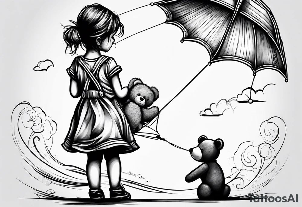 back image of a little girl in a dress, holding as kite , a teddy bear in overalls, standing beside her tattoo idea