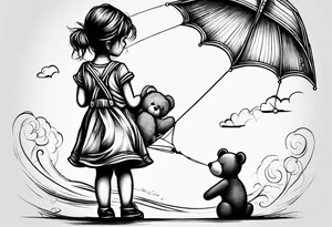 back image of a little girl in a dress, holding as kite , a teddy bear in overalls, standing beside her tattoo idea