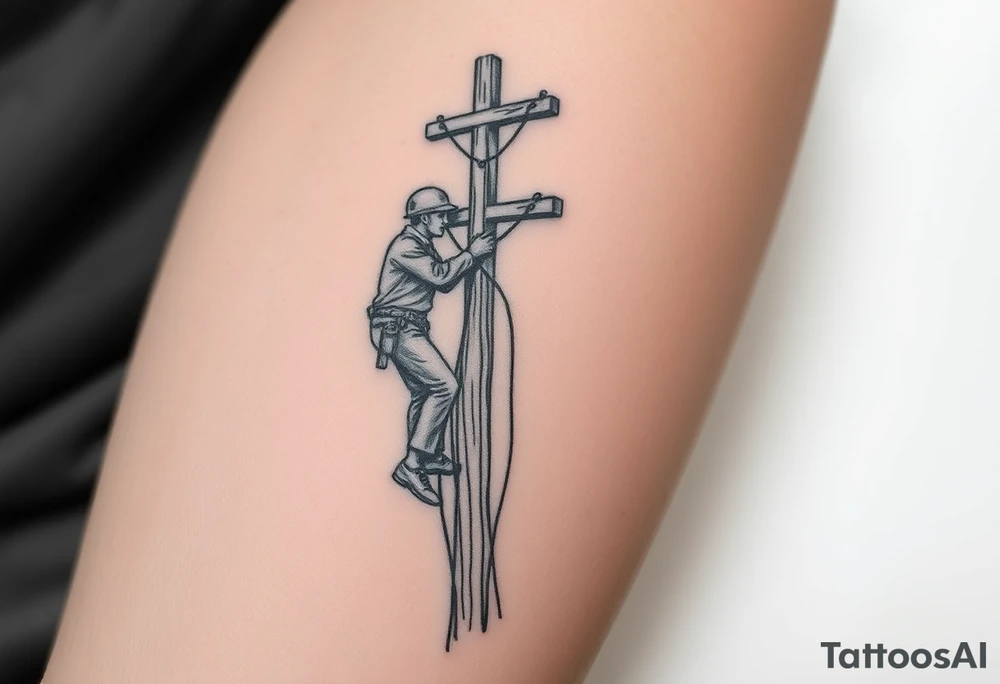 power lineman climbing a wooden 12kv pole. Make the pole a cross that has a hidden resemblance to god. tattoo idea