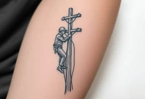 power lineman climbing a wooden 12kv pole. Make the pole a cross that has a hidden resemblance to god. tattoo idea
