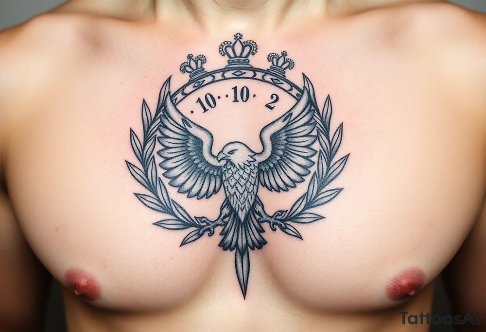 (roman numerals 10.10.2002) inside of laurel crown with imperial eagle tattoo idea