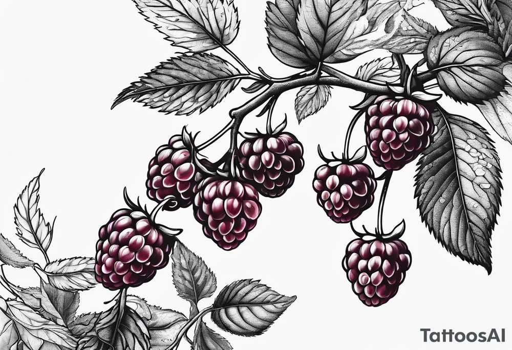 a long raspberry branch with lots of leaves and no shading tattoo idea