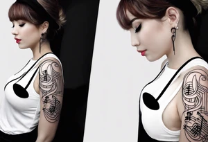 Minimalist line work tattoo, depicting musical
Notes and the letters “R” and “L” which symbolize Lainey and remi. tattoo idea