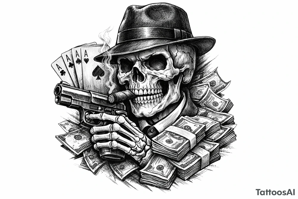 skull with gangster-hat,cigar in his mouth,gun in a skeleton-hand,playing cards,a lot of money. tattoo idea