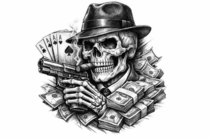 skull with gangster-hat,cigar in his mouth,gun in a skeleton-hand,playing cards,a lot of money. tattoo idea