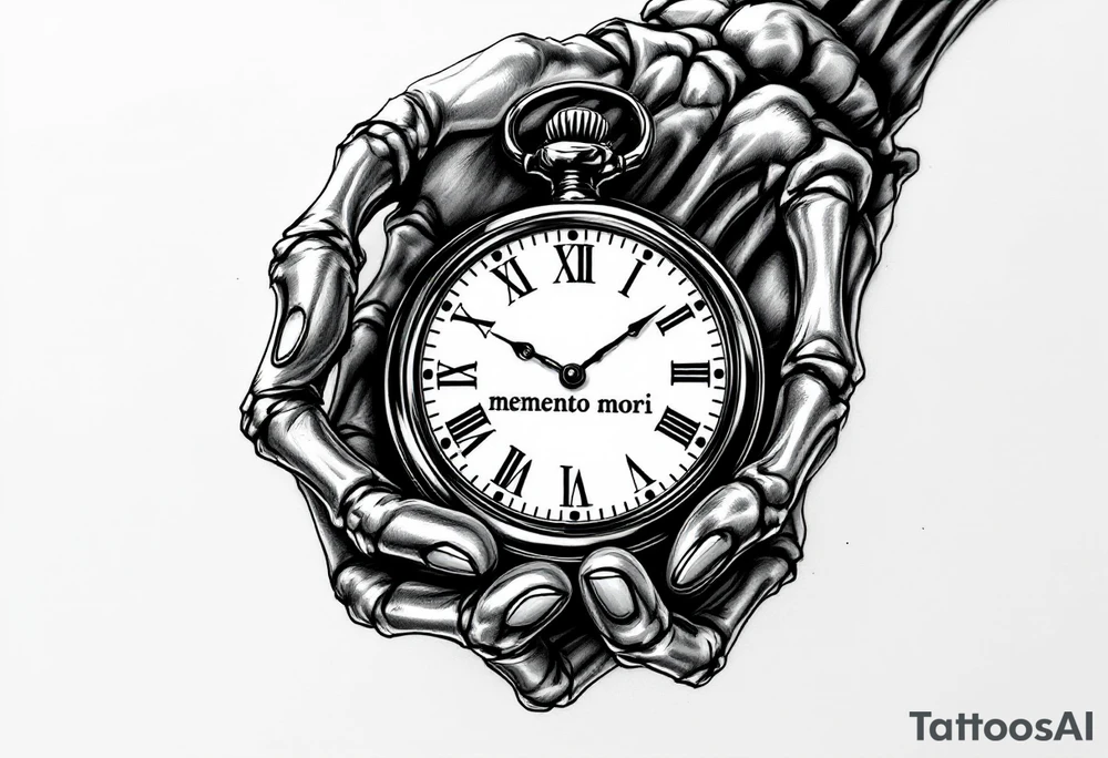 A monochrome skeleton hand holding a ticking pocket watch with gold highlights, "memento mori" engraved across the watch face. tattoo idea