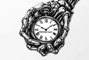 A monochrome skeleton hand holding a ticking pocket watch with gold highlights, "memento mori" engraved across the watch face. tattoo idea
