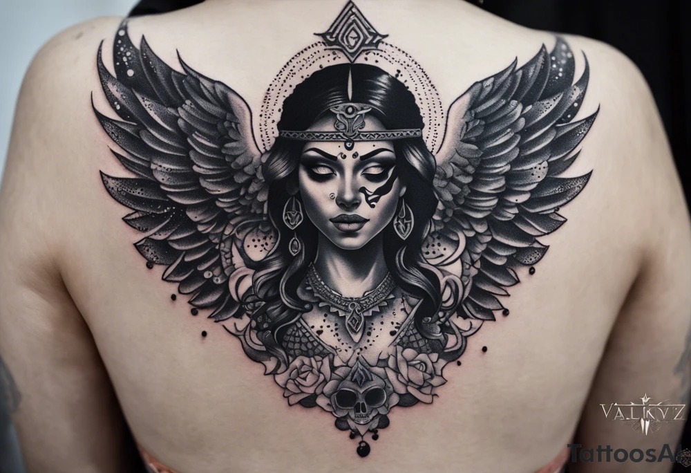 black kali, goddess pirate, alien, angel, pachamama, valkrye, warrior, flying, skull, lotus azul, wing, eagle, zenza resonance, stars, 5D, anahata chakra, death, durga, riding on a tiger, flying lady, chest tatoo tattoo idea