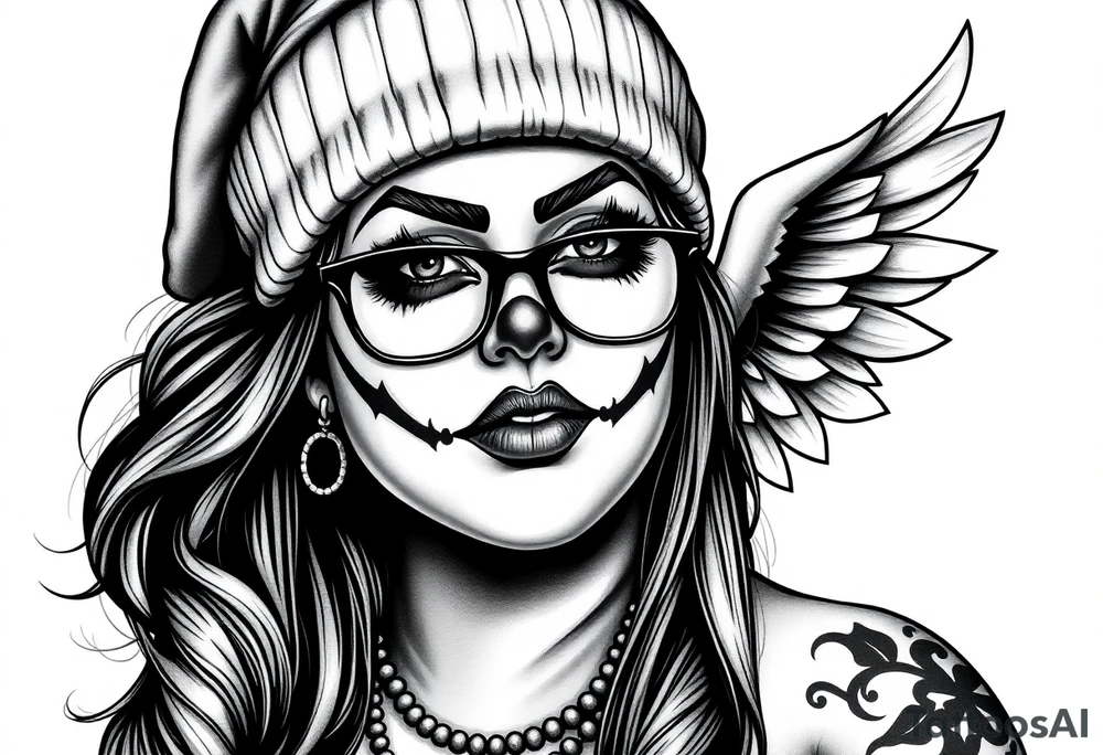 Chicana BBL fat sexy chunky plus size beautiful long hair clown makeup angel wings thug beanie eyeglasses tattoo idea