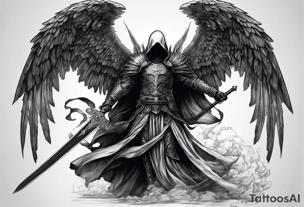 realistic full body of angel of death, no face, face is not visible, with wings holding only one sword in both hands, the edge of the sword is killing the skull tattoo idea