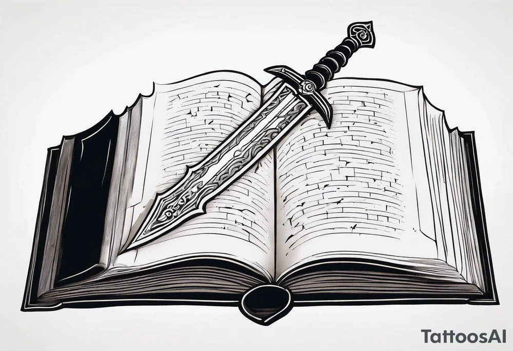an empty open book with a sword through it, dragonwings and sparks surrounding the book. small design tattoo idea
