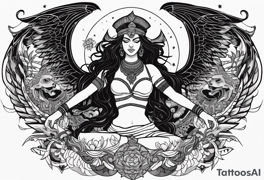 black kali, goddess pirate, alien, angel, pachamama, valkrye, warrior, flying, skull, lotus azul, wing, eagle, zenza resonance, stars, 5D, anahata chakra, death, durga, riding on a tiger, flying lady, chest tatoo tattoo idea