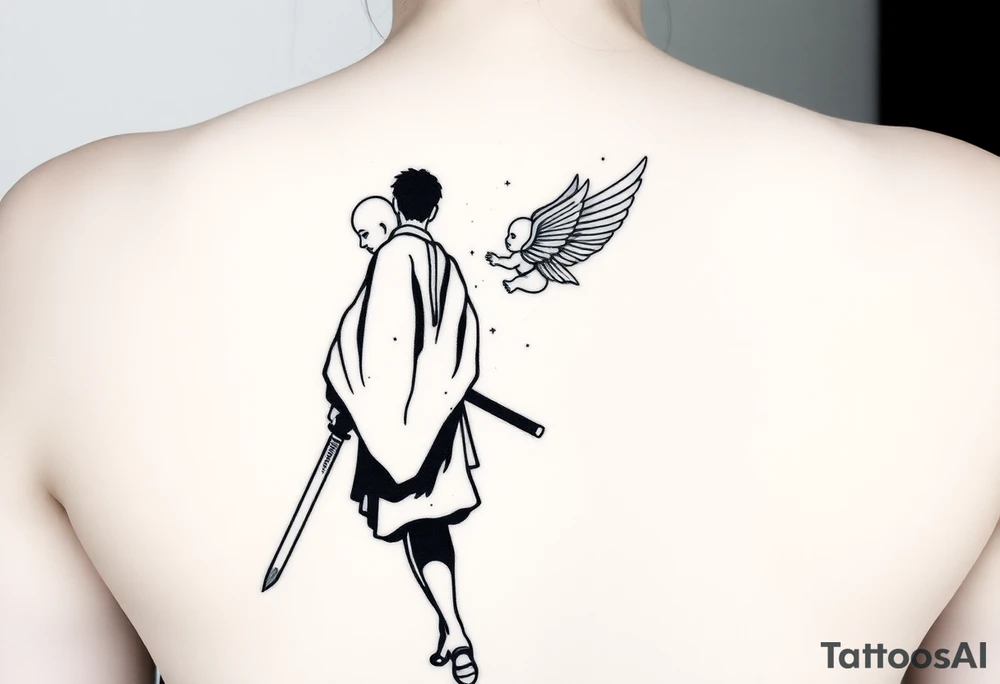 "Blackwork tattoo sketch of a lone samurai walking forward, shown in dramatic silhouette style. The samurai wears traditional kimono and hakama, holding a katana in one hand with the blade pointing downward. Behind him floats a small child angel with detailed feathered wings, gently touching the samurai’s back with one hand, as if stopping or guiding him. Strong contrast, dynamic ink splatter, rough brush strokes, Japanese sumi-e vibe, emotional and symbolic composition, high detail linework, no background." tattoo idea