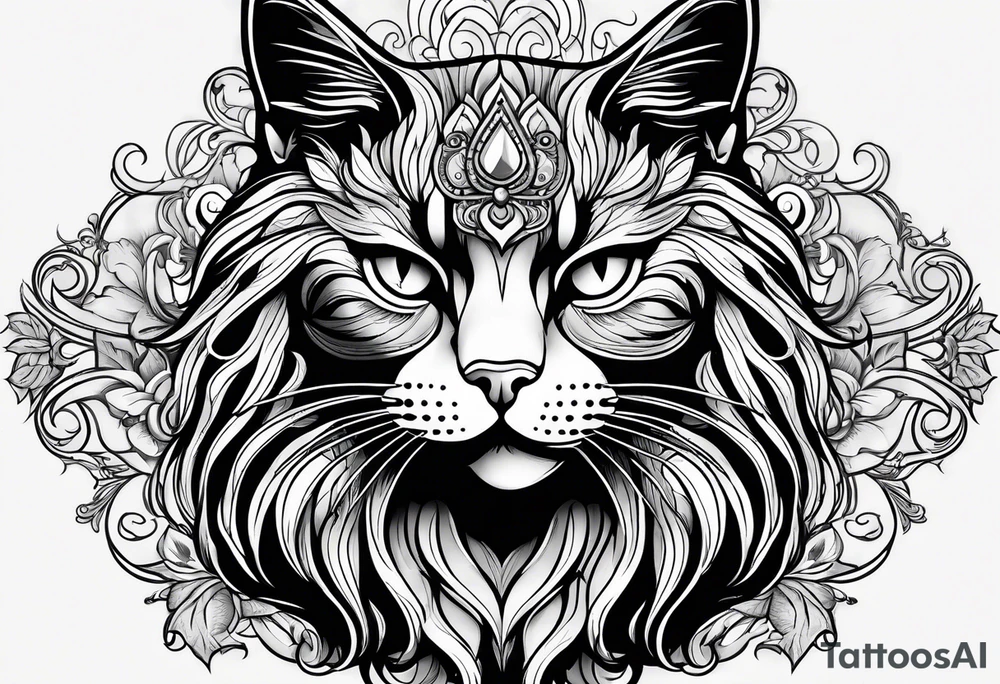 Long hair cat, regal, face black and white tattoo idea