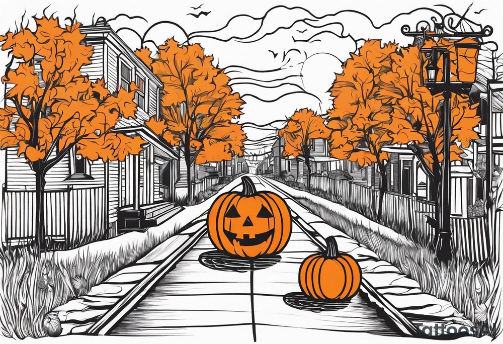 Midwestern street in fall with Halloween pumpkin tattoo idea