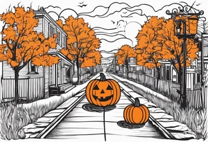 Midwestern street in fall with Halloween pumpkin tattoo idea