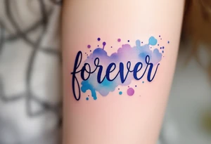 A watercolor-style "forever" in splashes of blue and purple, surrounded by paintbrush strokes. tattoo idea