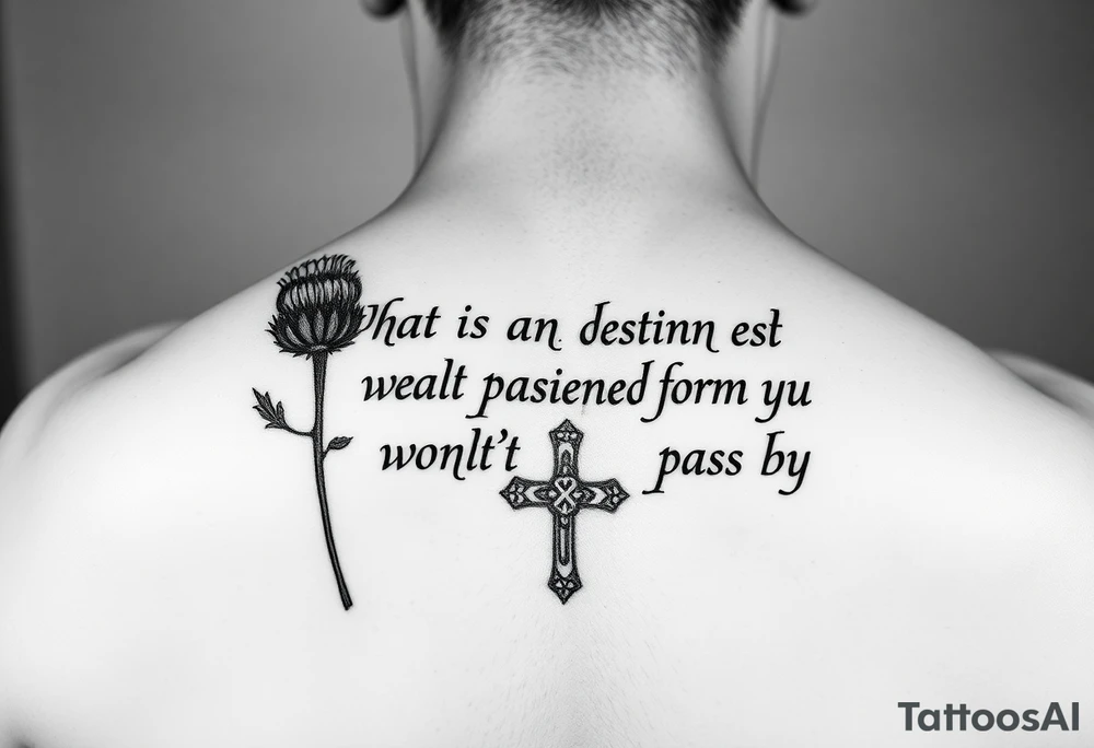 include the Scottish Gaelic translation of, "What is destined for you won't pass you by" and the Scottish thistle along with a Scottish Celtic cross. To be tattooed on the forearm tattoo idea