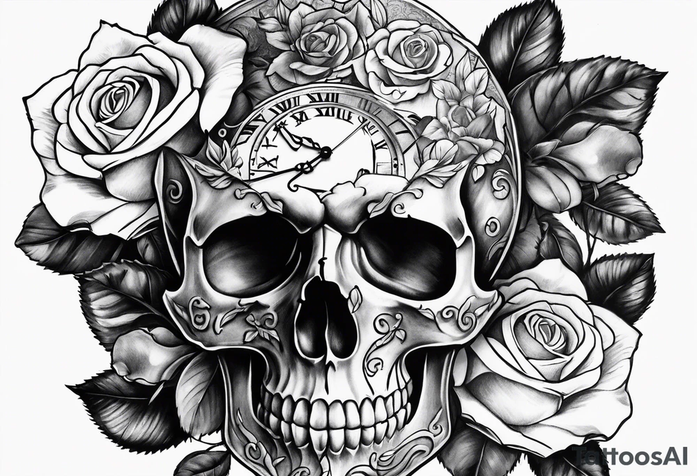 Skull roses watch tattoo idea