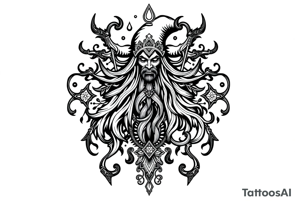 mystical dark and long ornament with shaman and witch mytolog and ancient rhyme tattoo idea