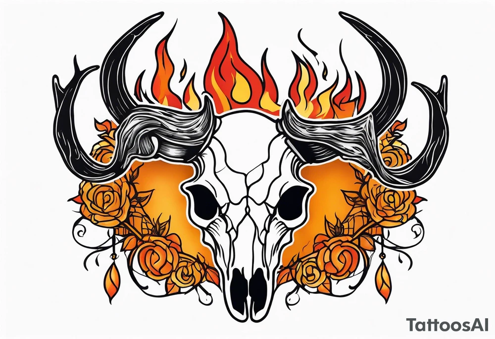 Halloween side view of a DECAYING deer skull JUST BONE surrounded by a flames in background tattoo idea