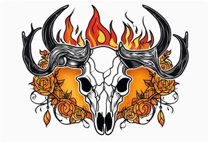 Halloween side view of a DECAYING deer skull JUST BONE surrounded by a flames in background tattoo idea