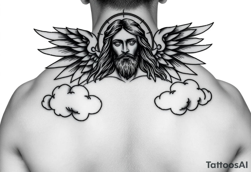 magestic christ with clouds wings black and white tattoo idea