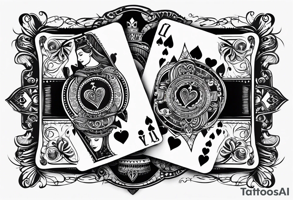 one playing card with both queen of hearts and king of spades incorporated in extreme minimalistic  style tattoo idea